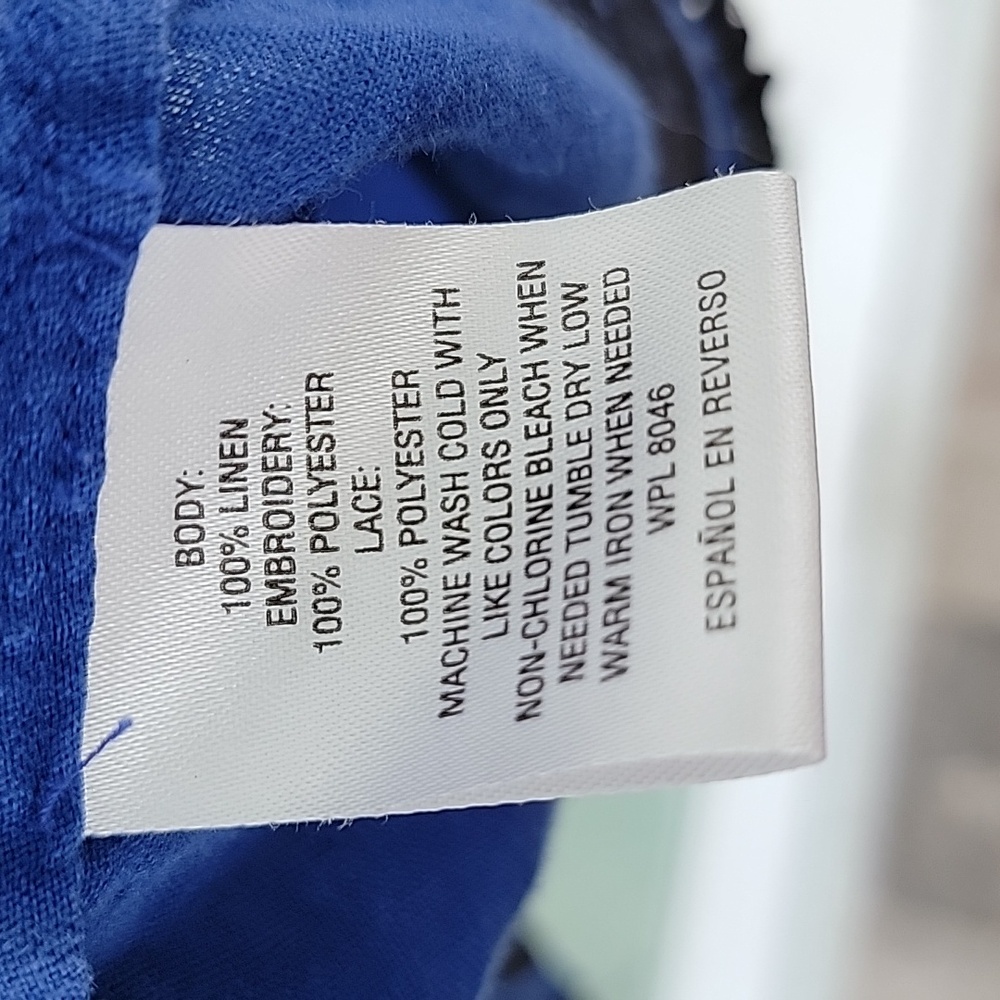 Charter Club Cobalt Blue & Black Embroidery Flutter Sleeve Linen Shirt Sz XL - Picture 7 of 12
